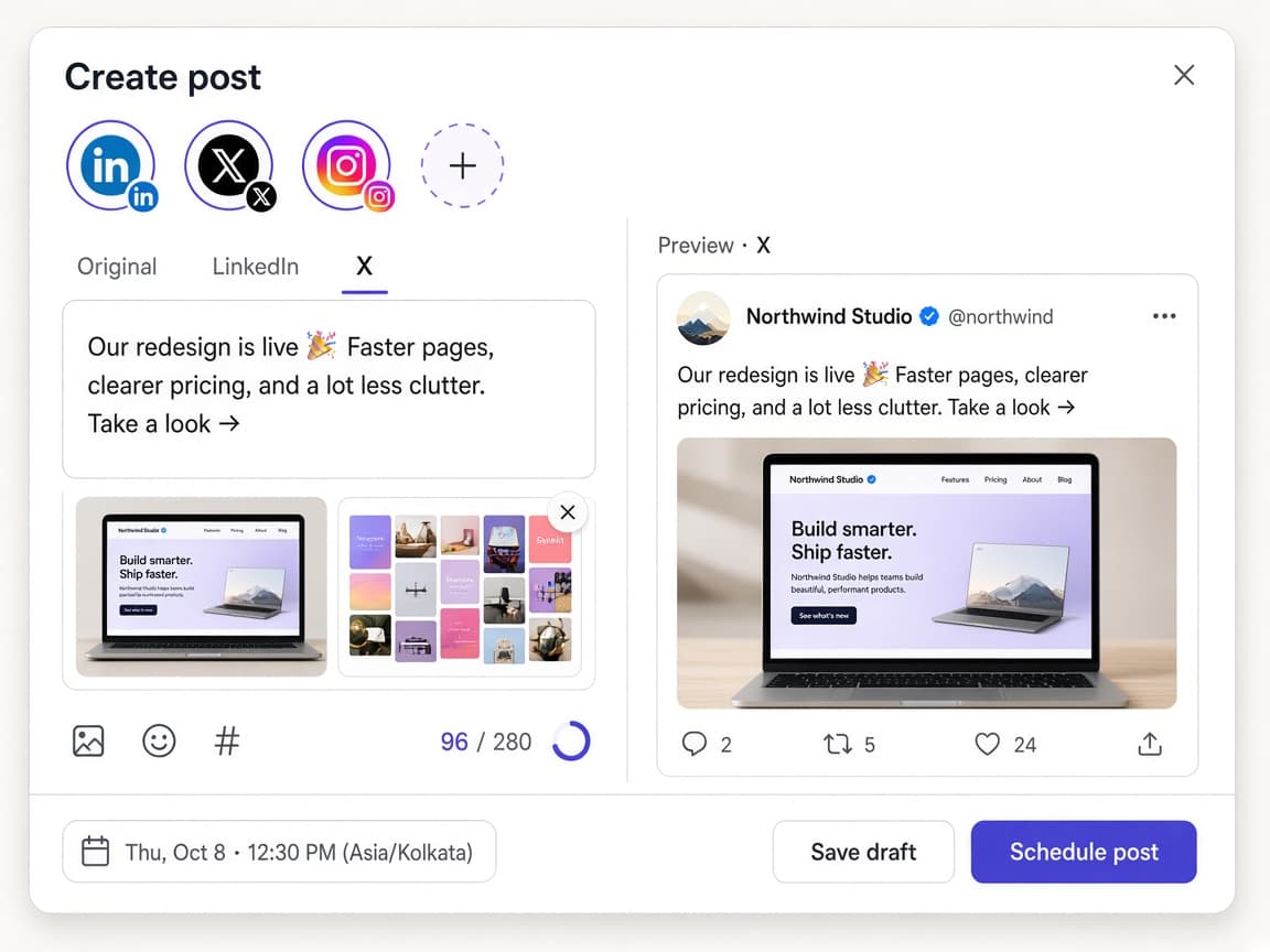 The PostGic composer with LinkedIn, X and Instagram selected, a per-platform X version of the post, and a live preview.