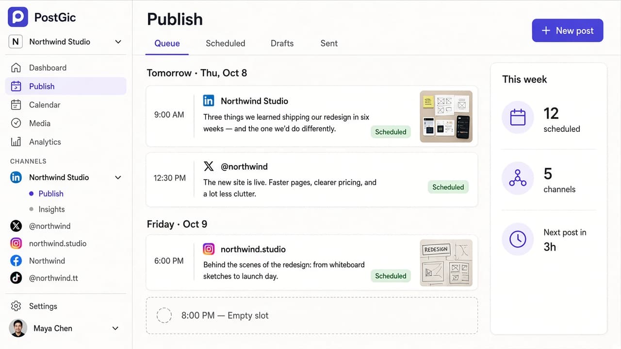 The PostGic Publish queue showing upcoming LinkedIn, X and Instagram posts, with connected channels listed in the sidebar.